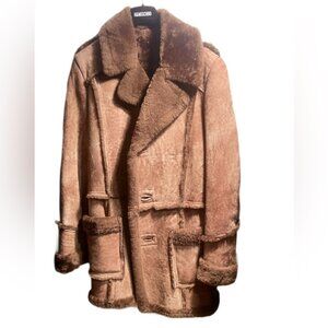 Vintage Brown Shearling-Style Leather Coat | Mid-Length Winter Jacket 44